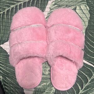 Pink Fuzzy Slippers with Rhinestone Accents